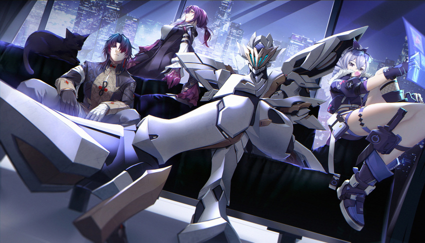 1boy, 1other, 2girls, arm_belt, armor, bandaged_arm, bandaged_chest, bandaged_fingers