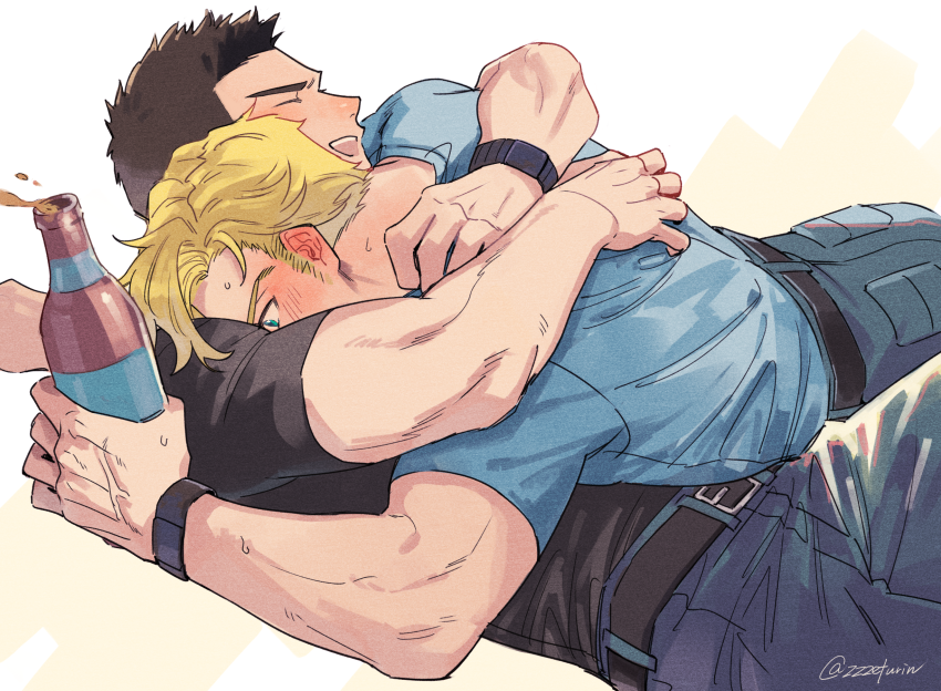 2boys, ao_isami, belt, black_belt, black_hair, black_shirt, blonde_hair, blue_eyes