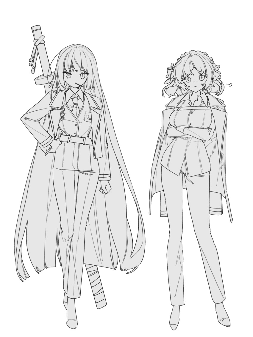 2girls, absurdres, alternate_hair_length, alternate_hairstyle, bow, breasts, closed_mouth, collared_shirt