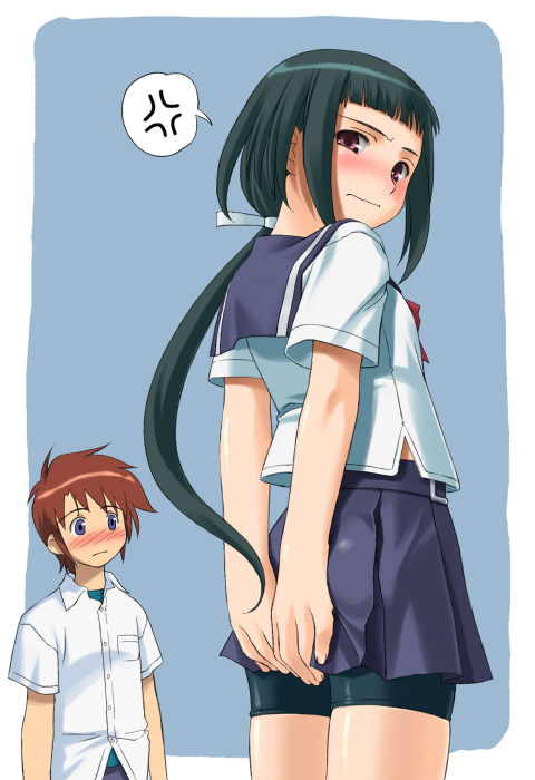 00s, 1boy, 1girl, anger_vein, bike_shorts, blue_eyes, blush, brown_hair