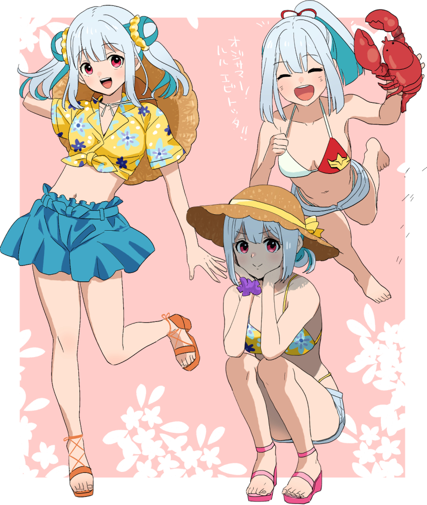 1girl, :d, animal, arm_behind_head, bare_legs, bikini, blue_skirt, border, closed_eyes, double_bun, floral_print, full_body, hair_bun, hat, hawaiian_shirt, head_on_hand, high_ponytail, highres, holding, holding_animal, light_blush, lobster, long_hair, looking_at_viewer, lulu_(bang_bravern), midriff, multiple_views, open_mouth, outside_border, parted_hair, pink_background, ponytail, red_eyes, rsuhima, sandals, shirt, short_shorts, shorts, skirt, smile, straw_hat, swimsuit, translated, white_border, white_hair, yuuki_bakuhatsu_bang_bravern