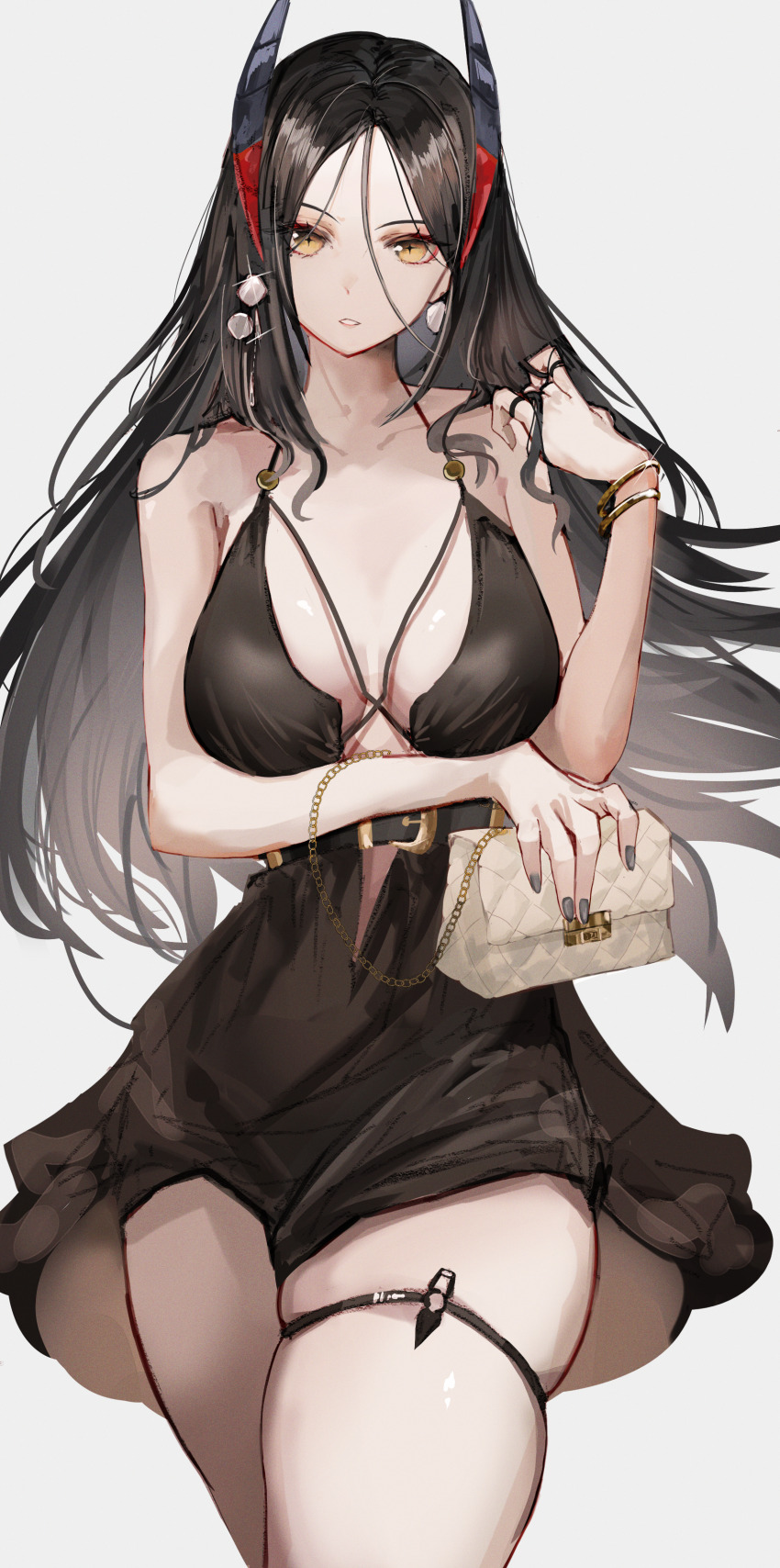 +_+, 1girl, absurdres, alternate_costume, arknights, arm_under_breasts, bag, bare_shoulders