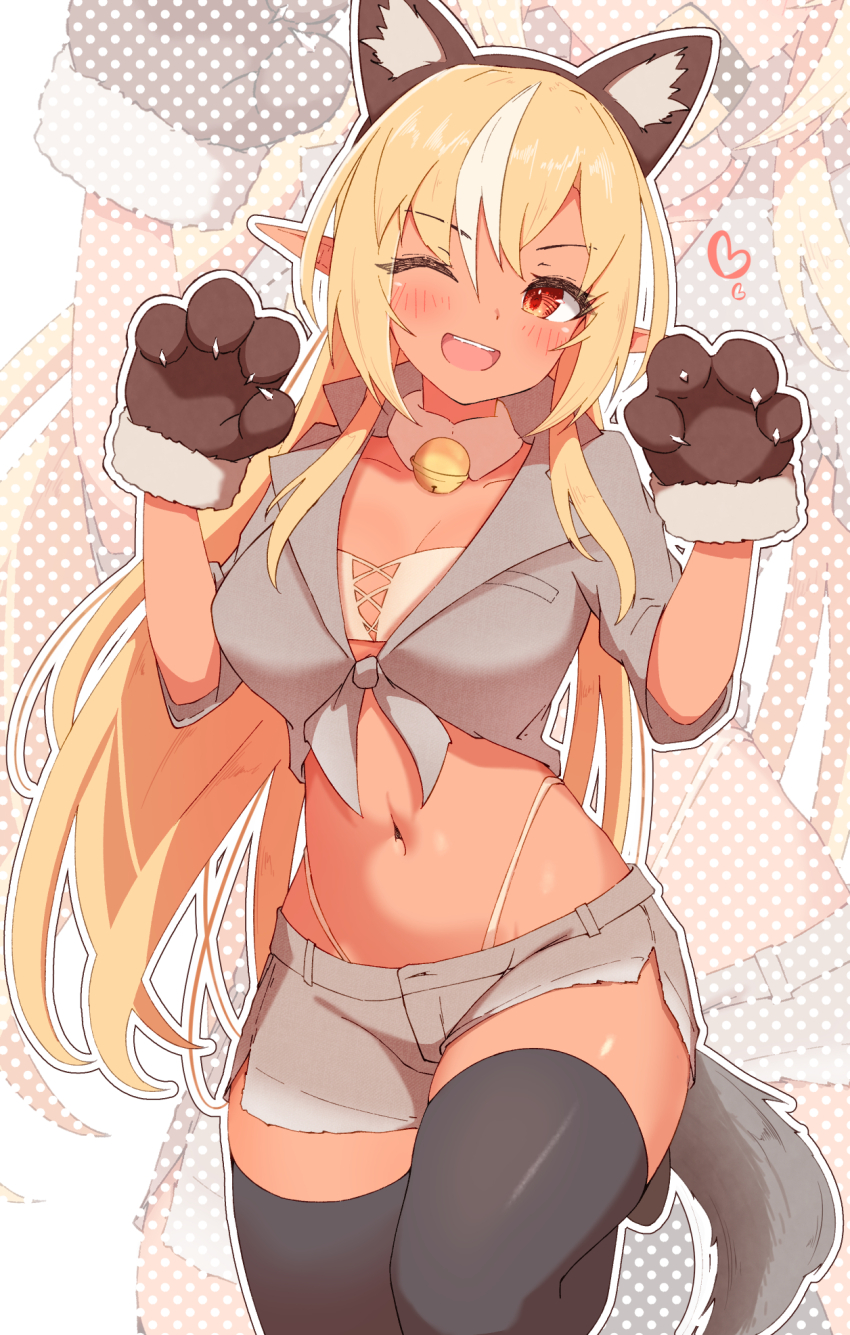 1girl, ;d, alternate_costume, animal_ear_hairband, animal_ears, animal_hands, bell, black_thighhighs