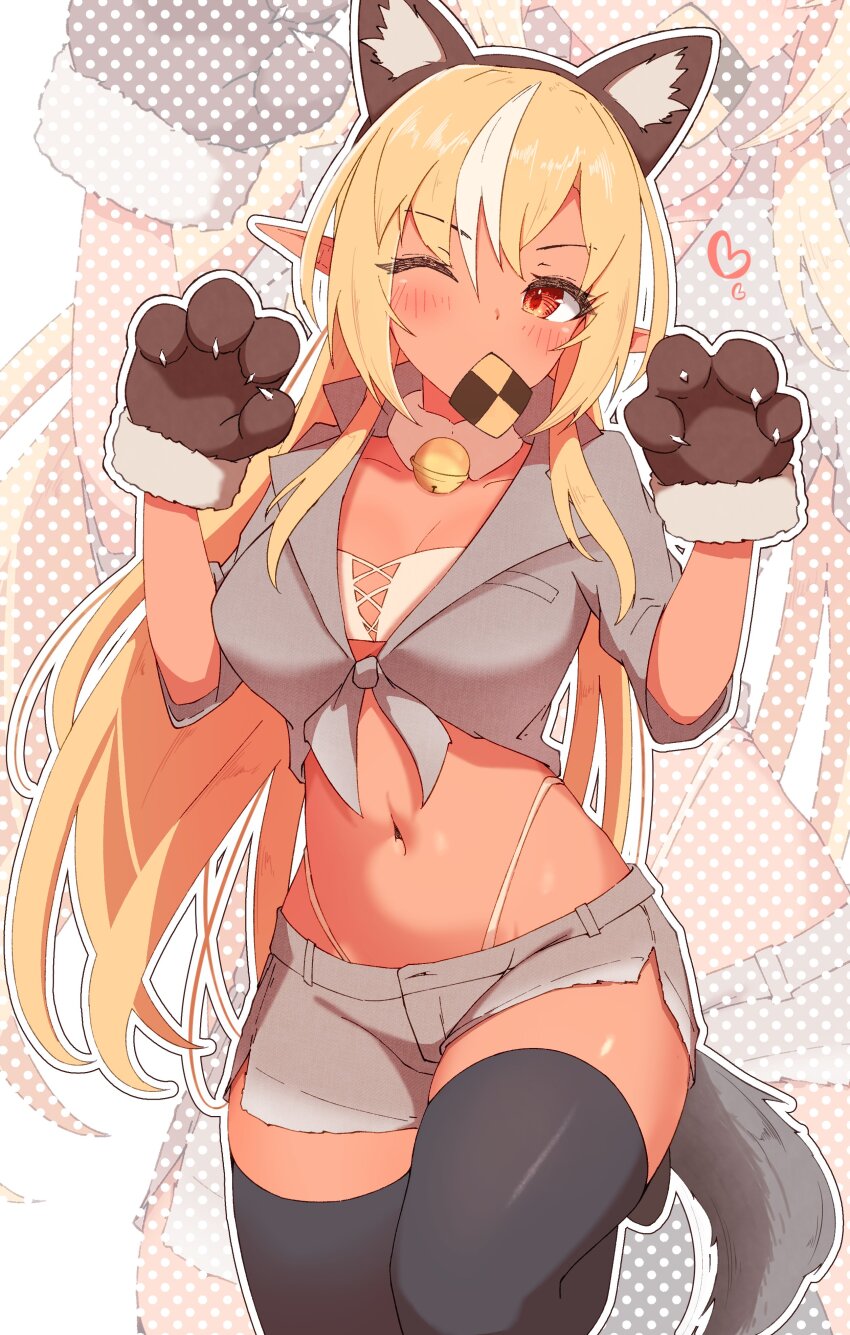 1girl, absurdres, alternate_costume, animal_ear_hairband, animal_ears, animal_hands, bell, black_thighhighs, blonde_hair, blush, breasts, commentary, commission, cookie, crop_top, cropped_shirt, dark-skinned_female, dark_skin, detached_collar, dog_ear_hairband, dog_ears, dog_girl, dog_tail, english_commentary, fake_animal_ears, food, front-tie_top, gloves, grey_shirt, grey_shorts, hairband, highleg, highleg_panties, highres, hololive, jingle_bell, knee_up, large_breasts, long_hair, long_pointy_ears, looking_at_viewer, midriff, mouth_hold, multicolored_hair, navel, neck_bell, panties, panty_straps, paw_gloves, paw_pose, pointy_ears, second-party_source, sen_(senkuden), shiranui_flare, shirt, shorts, skeb_commission, solo, standing, standing_on_one_leg, streaked_hair, tail, thighhighs, thong, underwear, virtual_youtuber, white_panties, zettai_ryouiki, zoom_layer
