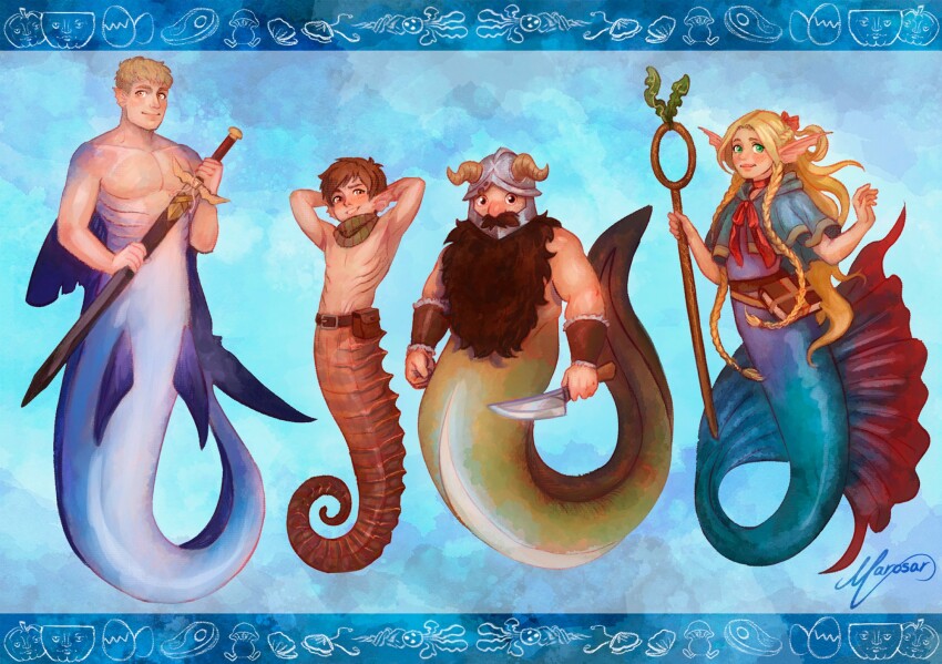 1girl, 3boys, armpits, beard, chilchuck_tims, dungeon_meshi, dwarf, eel_boy