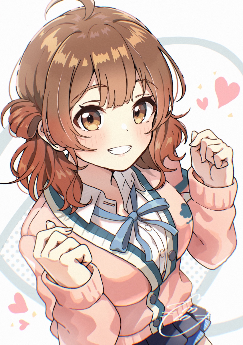 1girl, ahoge, blue_ribbon, blush, breasts, brown_cardigan, brown_hair, cardigan