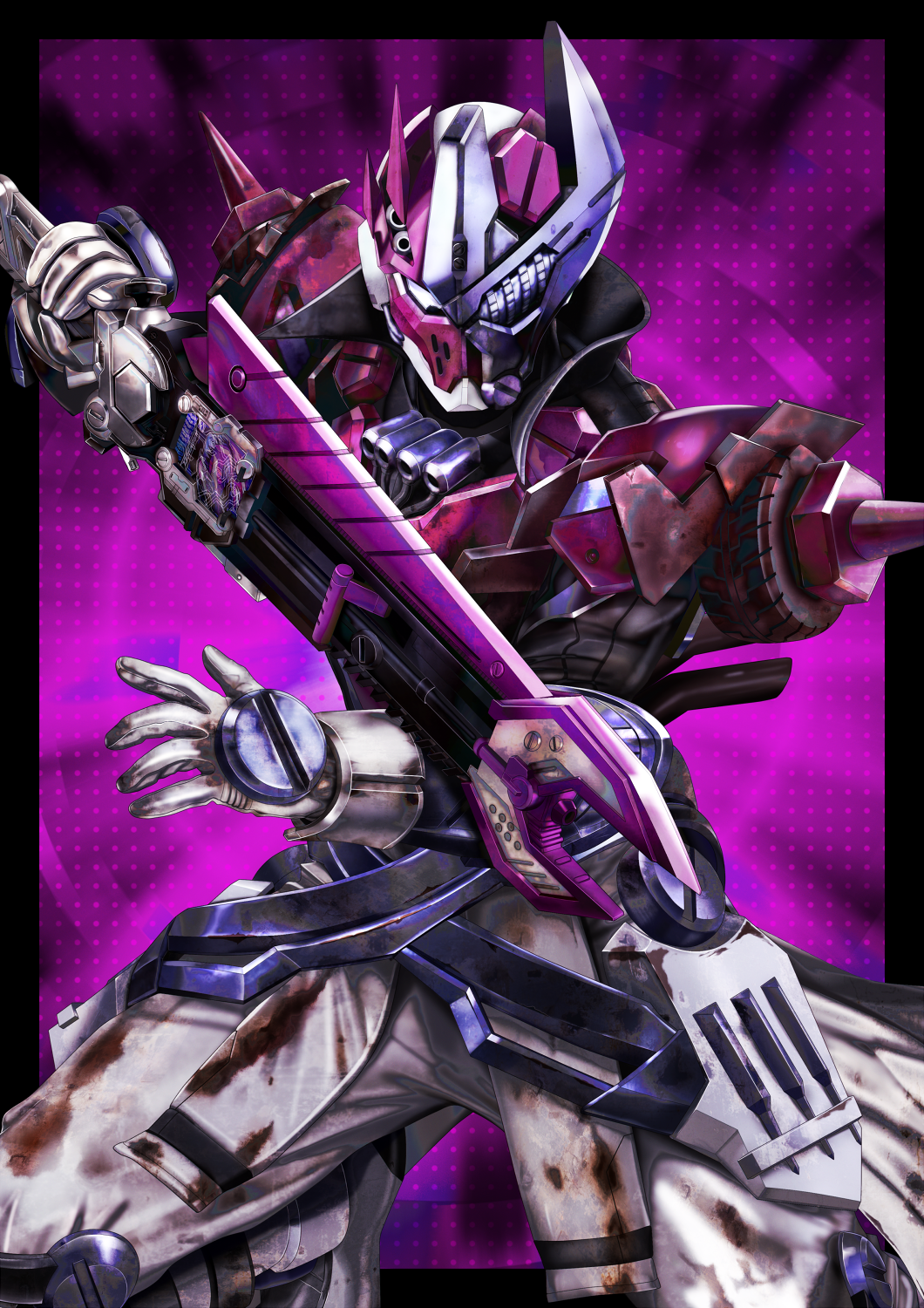 1boy, armor, asymmetrical_armor, bolt_(hardware), fighting_stance, gloves, helmet, highres, holding, holding_sword, holding_weapon, kamen_rider, kamen_rider_gotchard_(series), looking_at_viewer, male_focus, masukudo_(hamamoto_hikaru), pants, purple_armor, shoulder_spikes, solo, spikes, sword, valvarad, valvarusher, weapon, wheel, white_eyes, white_gloves, white_pants, wrench
