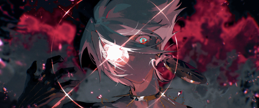 1boy, absurdres, blue_eyes, collar, colored_skin, earrings, eye_beam, fate/grand_order