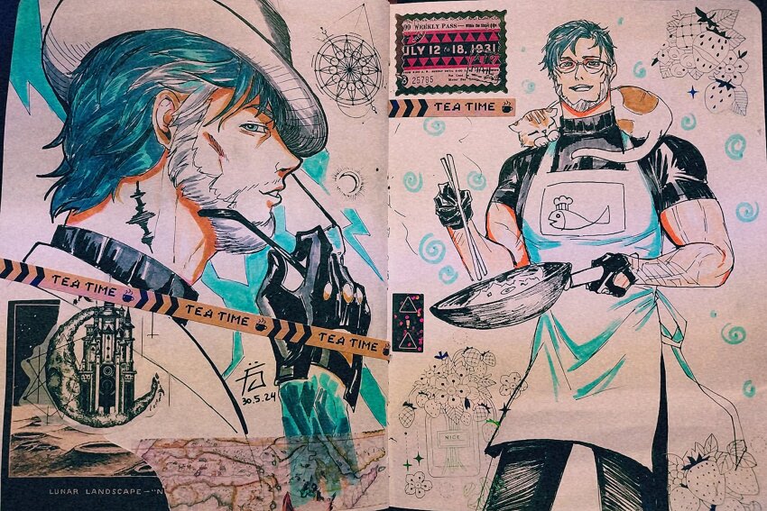 1boy, apron, bara, beard, biceps, blue_eyes, blue_hair, cooking, facial_hair, fedora, feet_out_of_frame, frying_pan, fuge_oni666, full_beard, glasses, grey_hair, hat, highres, holding, holding_frying_pan, holding_removed_eyewear, male_focus, mature_male, multicolored_hair, multiple_views, muscular, muscular_male, mustache_stubble, pants, pen_(medium), photo_(medium), profile, short_hair, standing, stubble, thick_eyebrows, tilted_headwear, traditional_media, tsurime, unworn_eyewear, upper_body, veins, veiny_arms, wuthering_waves, yuanwu_(wuthering_waves)