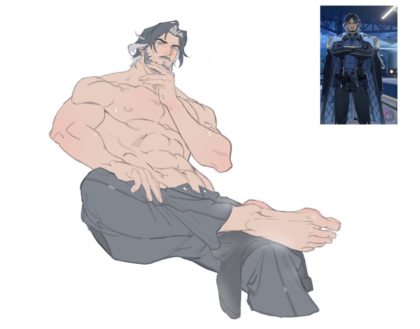 1boy, abs, bara, barefoot, beard, cropped_legs, facial_hair, feet