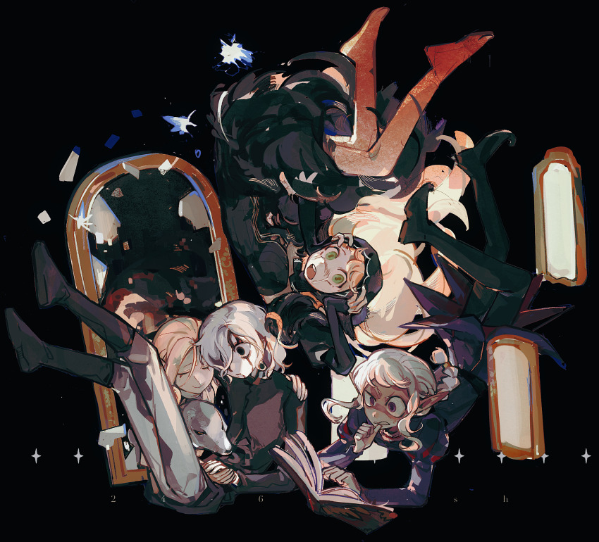 2boys, 2girls, biting_own_finger, black_background, black_dress, black_eyes, black_hood, bleeding