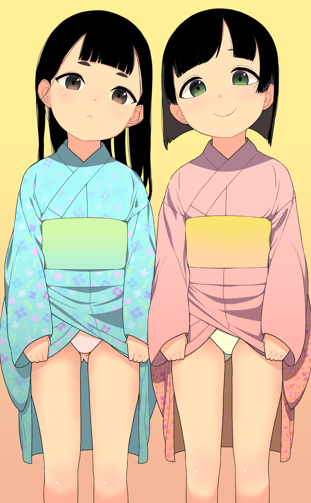black_hair, blue_kimono, brown_eyes, clothes_lift, commission, gluteal_fold, green_eyes, highres, japanese_clothes, kimono, kimono_lift, lifting_own_clothes, loli, long_hair, looking_at_viewer, obi, open_clothes, open_kimono, original, panties, pink_kimono, pink_panties, saga_inu, sash, short_hair, smile, thighs, underwear, white_panties, yukata