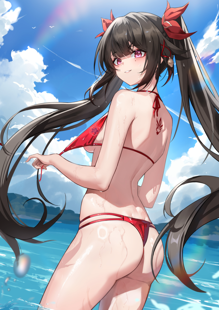 1girl, absurdres, ass, back_tattoo, bare_shoulders, bikini, black_hair, blue_sky, cloud, cowboy_shot, day, facial_mark, highres, honkai:_star_rail, honkai_(series), last_popsicle, long_hair, looking_at_viewer, ocean, parted_lips, pink_eyes, red_bikini, sky, smile, solo, sparkle_(honkai:_star_rail), standing, swimsuit, tattoo, thighs, twintails, very_long_hair, water