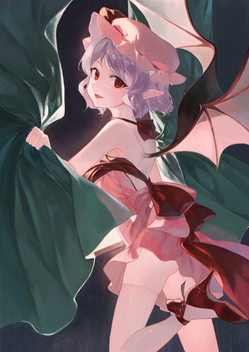 1girl, absurdres, adapted_costume, ass, bat_wings, cindy717, dress, foot_out_of_frame