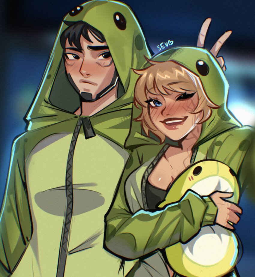 1boy, 1girl, apex_legends, black_camisole, black_hair, blonde_hair, blue_eyes, blush, breasts, bunny_ears_prank, camisole, cleavage, commentary, cosplay, crypto_(apex_legends), english_commentary, facial_scar, green_hoodie, highres, holding, holding_stuffed_toy, hood, hood_up, hoodie, long_sleeves, medium_breasts, nessie_(respawn), nessie_(respawn)_(cosplay), one_eye_closed, onesie, open_mouth, scar, scar_on_cheek, scar_on_face, sevpha, short_hair, sleeves_past_wrists, smile, stuffed_toy, wattson_(apex_legends)
