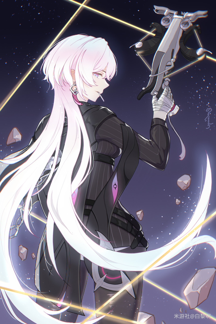 1girl, absurdres, baili_baigal, bandaged_arm, bandaged_fingers, bandages, belt, black_belt, black_jacket, black_pantyhose, blue_eyes, blue_hair, bow_(weapon), breasts, candy, chain, chinese_commentary, commentary_request, cowboy_shot, crossbow, debris, earrings, eating, floating_hair, food, from_behind, gradient_background, gradient_eyes, hand_up, highres, holding, holding_crossbow, holding_weapon, honkai_(series), honkai_impact_3rd, jacket, jewelry, lantern_(honkai_impact), large_breasts, lollipop, long_hair, looking_at_viewer, miyoushe_watermark, multicolored_eyes, multiple_belts, official_alternate_color, pantyhose, pink_hair, pinstripe_jacket, pinstripe_pattern, profile, purple_background, purple_eyes, sidelocks, signature, solo, very_long_hair, watermark, weapon