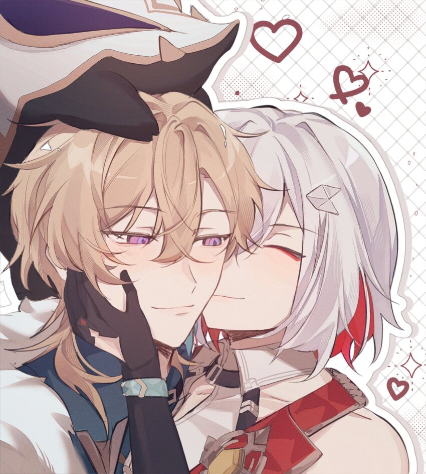 1boy, 1girl, aventurine_(honkai:_star_rail), black_gloves, blonde_hair, closed_mouth, gloves, heart, hetero, highres, honkai:_star_rail, honkai_(series), jenn_(slopjoshi), kiss, kissing_cheek, numby_(honkai:_star_rail), purple_eyes, short_hair, smile, sparkle, topaz_(honkai:_star_rail), trotter_(honkai:_star_rail), upper_body, white_hair