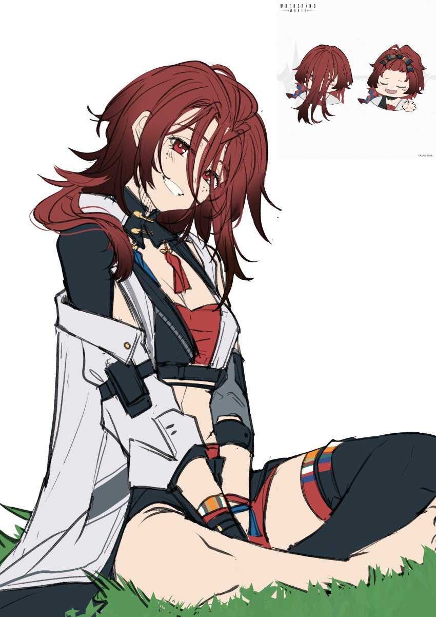 1girl, absurdres, bakaryuu, bangs_pinned_back, black_gloves, black_hair, black_shirt, black_tank_top, bow, braid, breasts, chest_sarashi, chixia_(wuthering_waves), cleavage, closed_eyes, clothes_around_waist, coat, commentary, copyright_name, crop_top, elbow_pads, english_commentary, fang, freckles, gloves, grass, grin, hair_between_eyes, hair_bow, hair_down, highres, inset, long_hair, looking_at_viewer, medium_breasts, midriff, multicolored_hair, off_shoulder, on_ground, red_eyes, red_hair, red_shorts, sarashi, shirt, shirt_around_waist, short_shorts, shorts, sidelocks, simple_background, single_bare_shoulder, single_elbow_pad, single_sleeve, single_thighhigh, sitting, skin_fang, smile, tank_top, teeth, thighhighs, white_background, white_coat, wuthering_waves