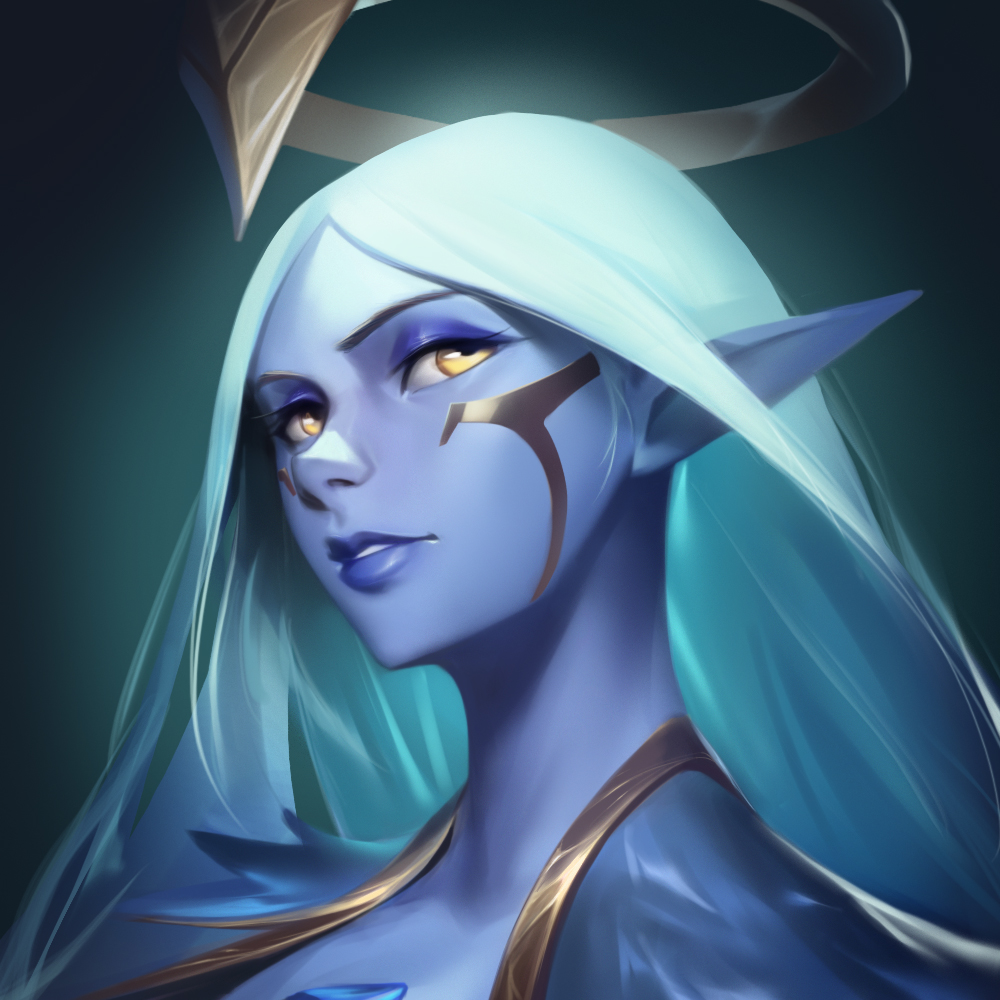 1girl, alternate_hairstyle, dawnbringer_soraka, gold_trim, gradient_background, halo, league_of_legends, lips