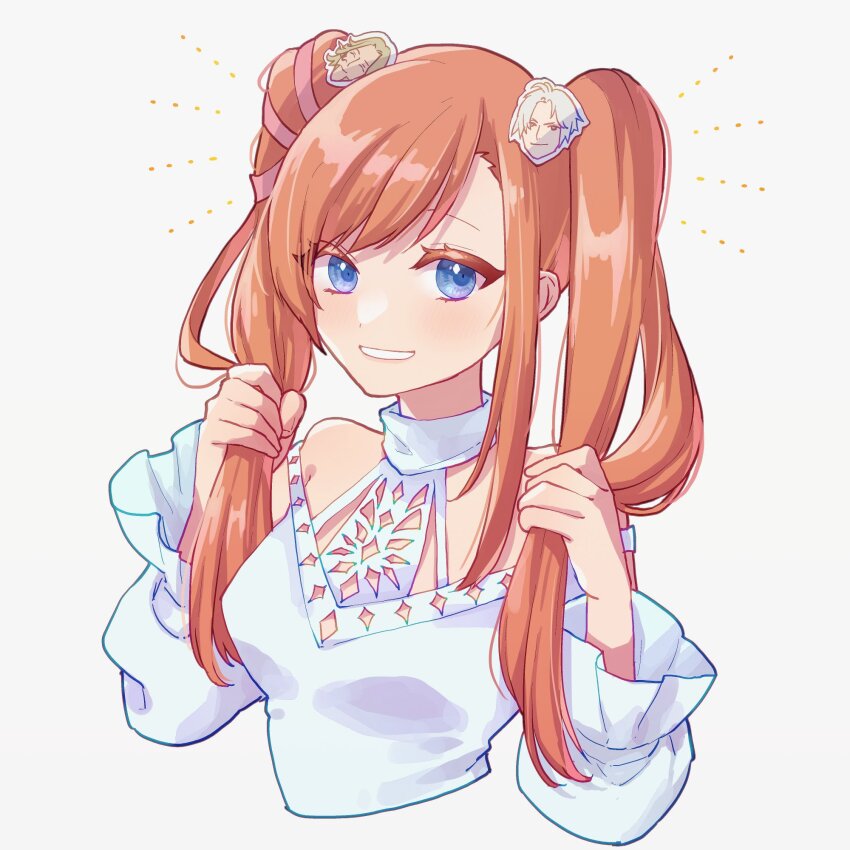 1girl, alternate_hairstyle, bare_shoulders, blue_eyes, character_hair_ornament, cropped_torso, detached_sleeves, final_fantasy