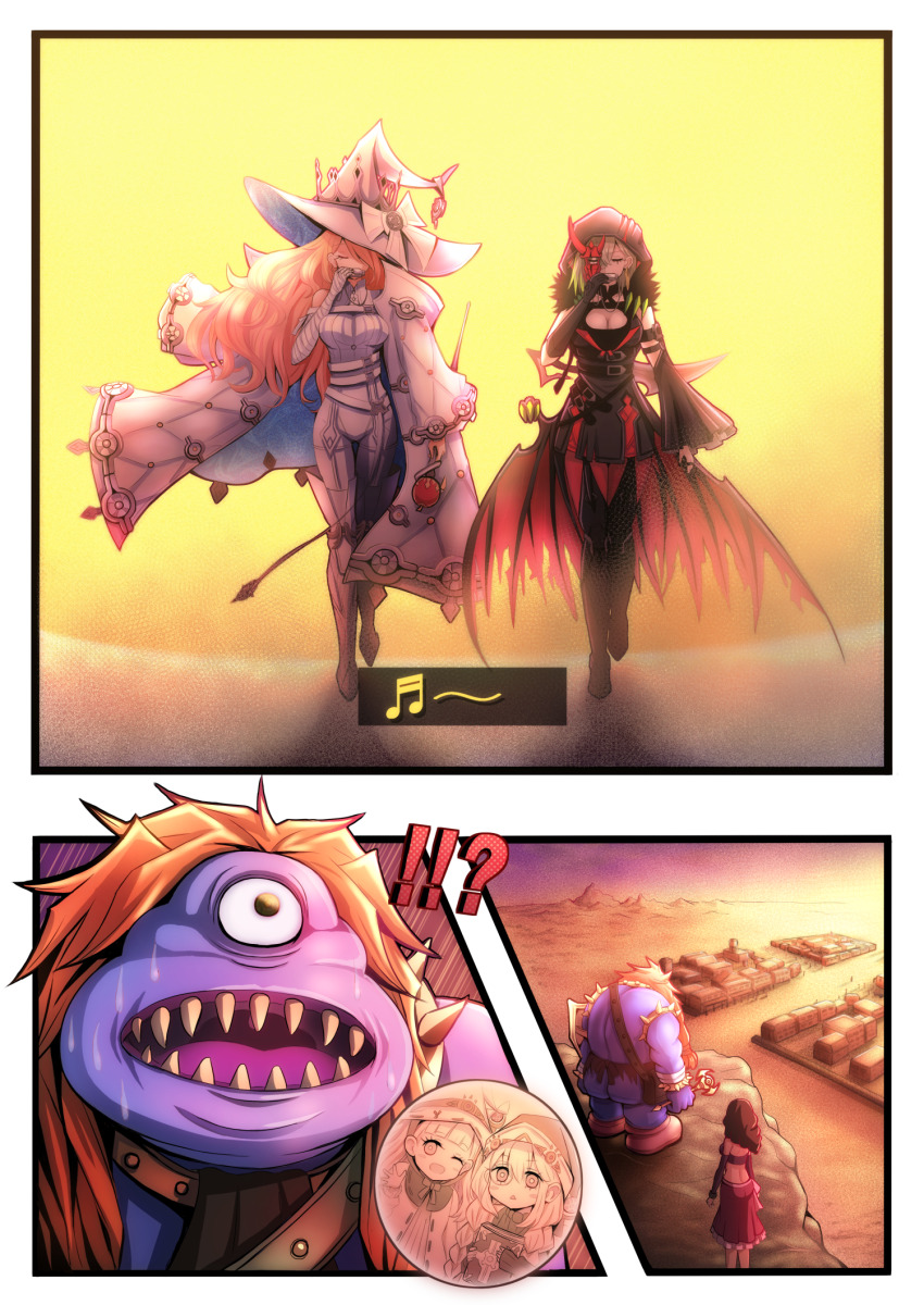 3girls, akisame_rizu, astellar_of_the_white_forest, asymmetrical_sleeves, bandaged_arm, bandages, barbara_(yu-gi-oh), black_dress, black_footwear, black_hood, black_sleeves, blonde_hair, blue_skin, bodysuit, boots, breasts, cleavage, closed_eyes, coat, colored_skin, desert, detached_sleeves, diabellstar_the_black_witch, diabellze_the_original_sinkeeper, dress, duel_monster, elzette_of_the_white_forest, fake_horns, full_body, green_hair, grey_hair, half_mask, harmonica, hat, highres, holding_behind_back, holding_knife, holding_knife_behind_back, hood, hood_up, horns, instrument, large_breasts, long_hair, mask, medium_hair, multiple_girls, orange_hair, pantyhose, red_mask, red_pantyhose, sengenjin, sharp_teeth, teeth, white_bodysuit, white_coat, white_footwear, white_hat, wings, witch, witch_hat, yu-gi-oh!, yu-gi-oh!_5d's