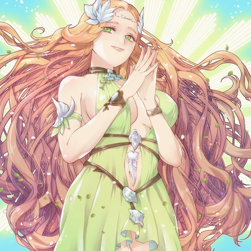 1girl, bracelet, breasts, circlet, cleavage, cleavage_cutout, clothing_cutout, cowboy_shot