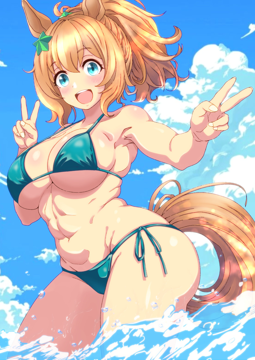 1girl, alternate_costume, animal_ears, aqua_bikini, armpits, bare_shoulders, bikini, blue_eyes
