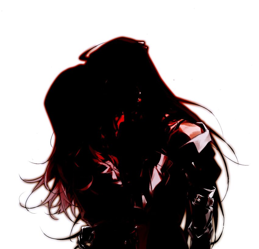 2girls, chayou04722138, chinese_commentary, coat, commentary_request, hand_on_another's_shoulder, highres, long_hair, long_sleeves, multiple_girls, path_to_nowhere, rahu_(path_to_nowhere), shalom_(path_to_nowhere), silhouette, simple_background, undressing, upper_body, white_background, yuri