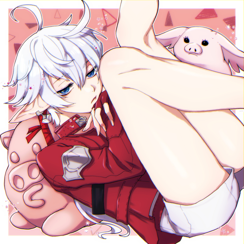 1girl, :t, ahoge, alisaie_leveilleur, blue_eyes, border, cheek_press, earclip, elezen, elf, feet_out_of_frame, final_fantasy, final_fantasy_xiv, fingerless_gloves, gloves, highres, jacket, leg_focus, legs, long_hair, looking_at_viewer, lying, on_back, outline, outside_border, pointy_ears, porxie_(ff14), red_background, red_gloves, red_jacket, shorts, simple_background, sodium_sio, solo, star_(symbol), white_border, white_hair, white_outline, white_shorts