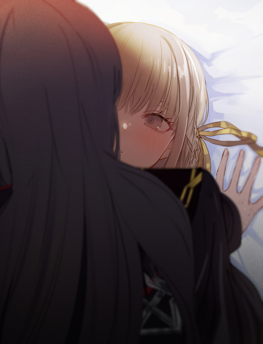 2girls, bed_sheet, black_hair, blonde_hair, blush, commentary_request, grey_eyes, hair_ribbon
