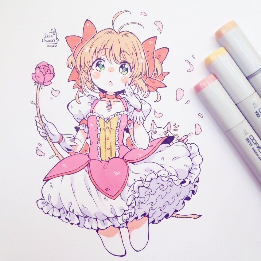 1girl, 2020, :o, breasts, cardcaptor_sakura, chest_jewel, commentary, cosplay, dress, english_commentary, falling_petals, flower, flower_wand, frilled_dress, frills, green_eyes, hair_ribbon, hand_on_own_face, highres, holding, holding_wand, ibi_chuan, kaname_madoka, kaname_madoka_(cosplay), kaname_madoka_(magical_girl), kinomoto_sakura, kyubey, light_brown_hair, looking_at_viewer, magical_girl, mahou_shoujo_madoka_magica, marker_(medium), neck_ribbon, open_mouth, petals, pink_dress, puffy_short_sleeves, puffy_sleeves, ribbon, rose, short_sleeves, signature, small_breasts, solo, traditional_media, wand