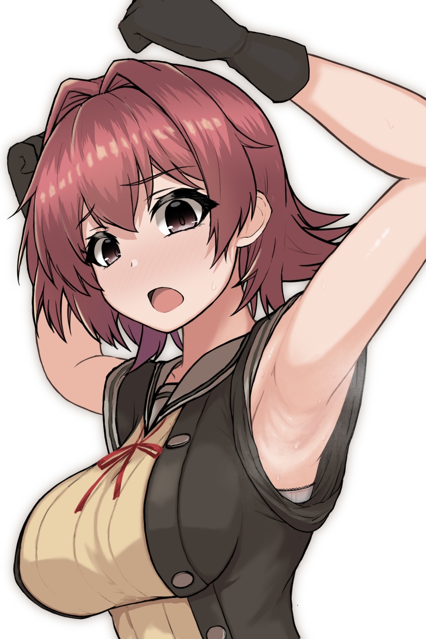1girl, absurdres, armpits, black_gloves, black_jacket, breasts, brown_eyes, brown_hair, commentary_request, flexing, gloves, grey_sailor_collar, highres, jacket, kantai_collection, kinakomochi_(testament05), kinu_(kancolle), kinu_kai_ni_(kancolle), medium_breasts, open_mouth, sailor_collar, school_uniform, serafuku, simple_background, solo, sweat, upper_body, white_background