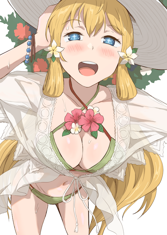 1girl, bent_over, bikini, blonde_hair, blue_eyes, bracelet, breasts, cleavage, criss-cross_halter, fire_emblem, fire_emblem_heroes, green_bikini, halterneck, hat, jewelry, kuhuku006f86, large_breasts, long_hair, nintendo, official_alternate_costume, open_mouth, see-through_clothes, shirt, smile, solo, star-shaped_pupils, star_(symbol), sun_hat, swimsuit, symbol-shaped_pupils, teeth, upper_teeth_only, very_long_hair, ymir_(fire_emblem_heroes), ymir_(summer)_(fire_emblem_heroes)
