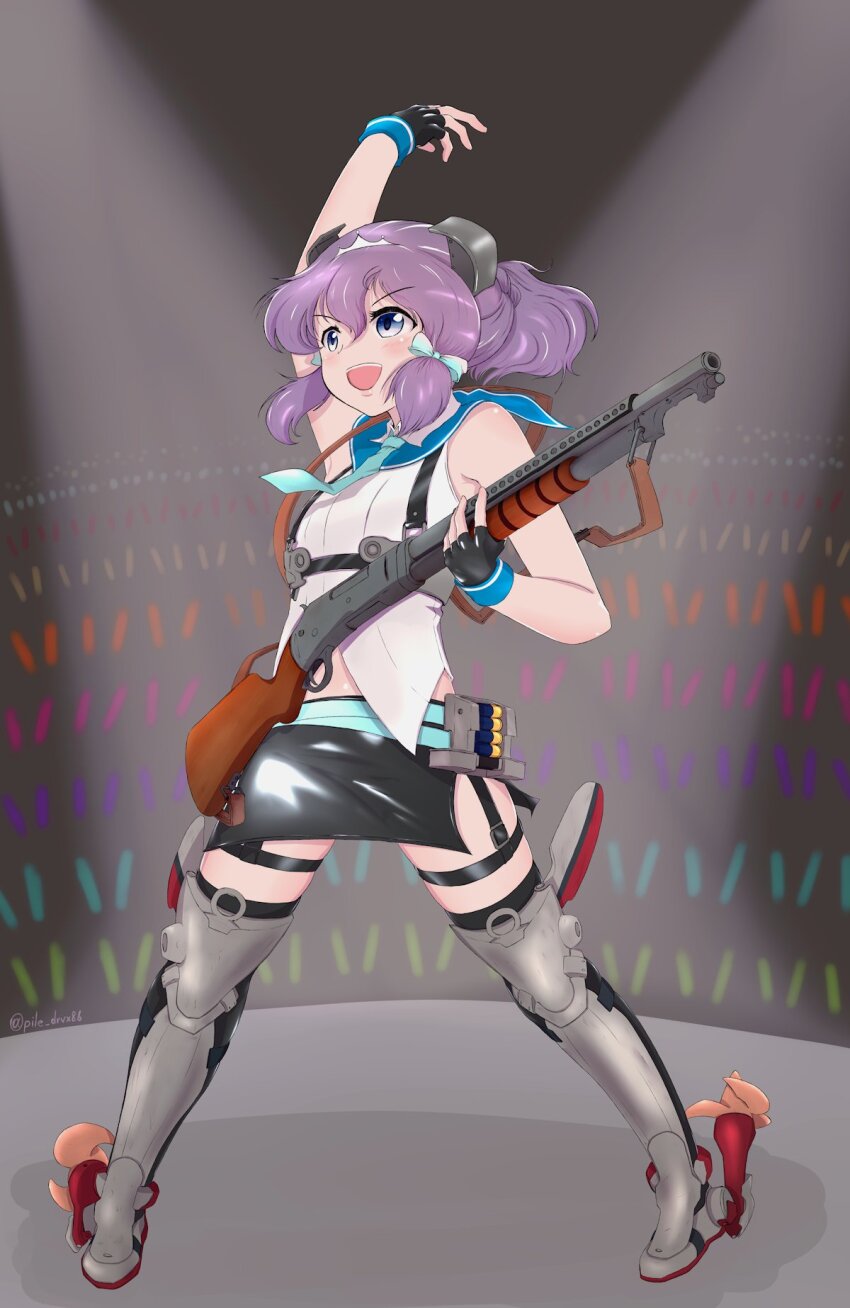 1girl, aqua_necktie, black_gloves, blue_eyes, blue_necktie, fingerless_gloves, full_body, gloves