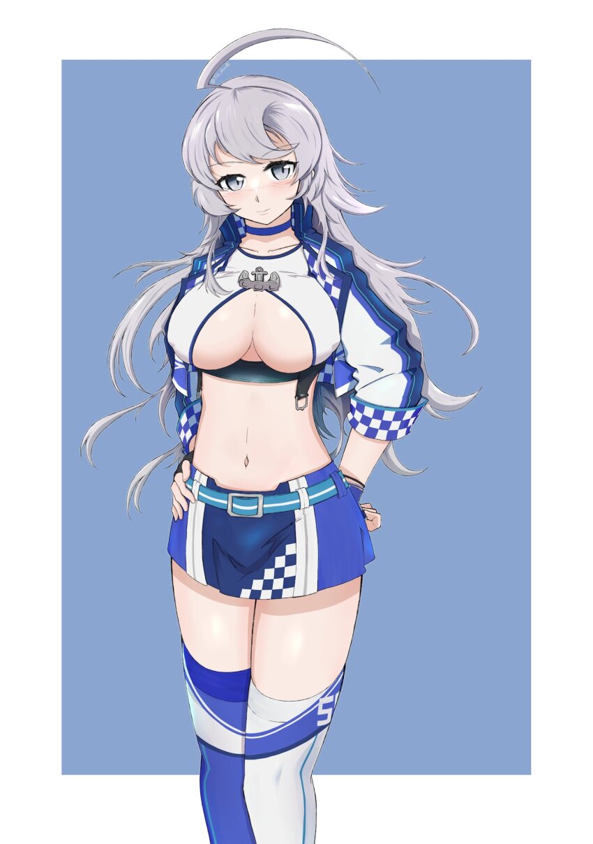 1girl, ahoge, alternate_costume, asymmetrical_legwear, blue_background, blue_jacket, blue_skirt, blue_thighhighs