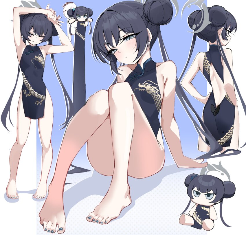 1girl, ass, back_cutout, bare_arms, bare_legs, barefoot, black_dress, black_hair