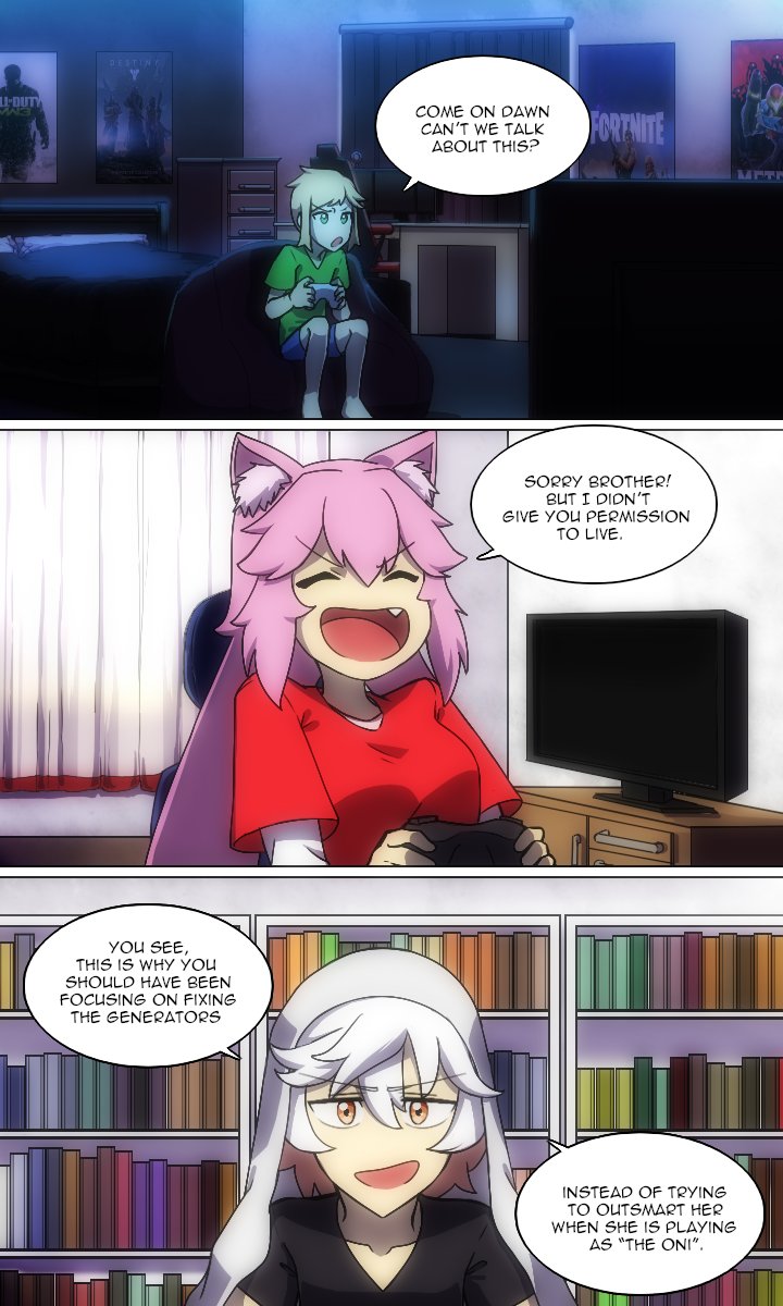 animal_ears, bean_bag_chair, bed, black_shirt, blonde_hair, blue_shirt, book, bookshelf, brother_and_sister, brothers, call_of_duty, call_of_duty:_modern_warfare_3, closed_eyes, controller, curtains, desk, destiny_(game), drawer, english_text, fang, fate/grand_order, fate_(series), fortnite, fox_ears, fujimaru_emerys_(altermagna), game_controller, green_eyes, green_shirt, highres, lazyartlazy12, metroid, metroid_dread, monitor, multicolored_hair, nintendo, open_mouth, orange_eyes, orange_hair, original, pillow, poster_(object), red_shirt, samus_aran, shirt, siblings, speech_bubble, television, under_covers, white_hair