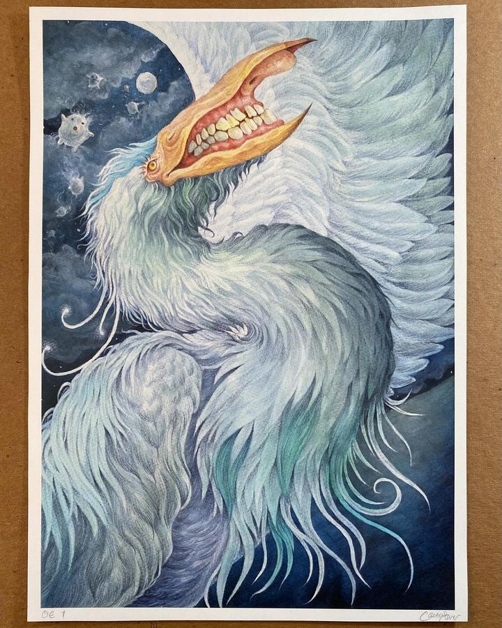 1boy, aosagi_(kimitachi_wa_dou_ikiru_ka), bird, caitlin_t_illustration, cloud, cloudy_sky, fantasy, feathers