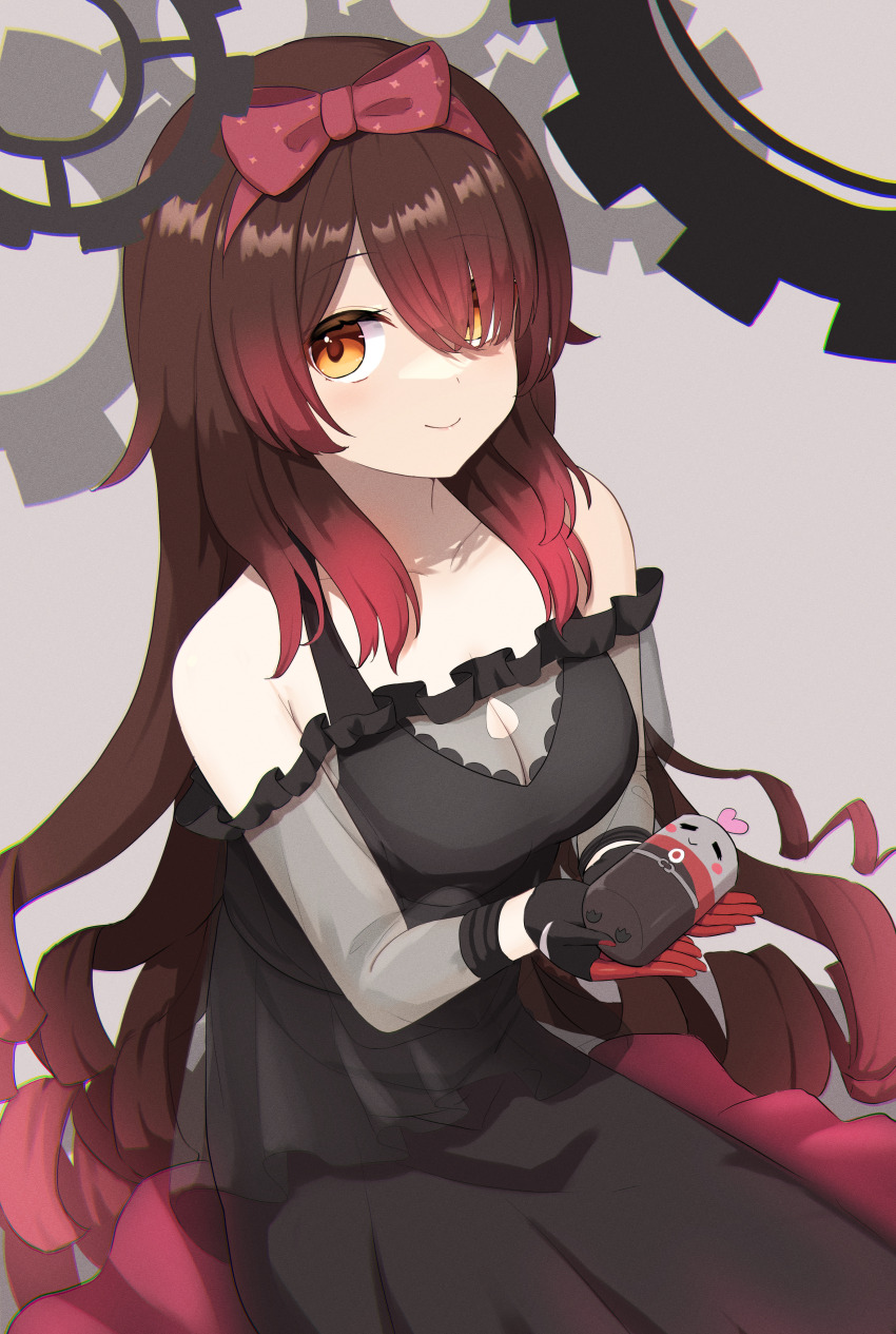 1girl, absurdres, black_dress, bow, breasts, brown_eyes, brown_hair, cleavage