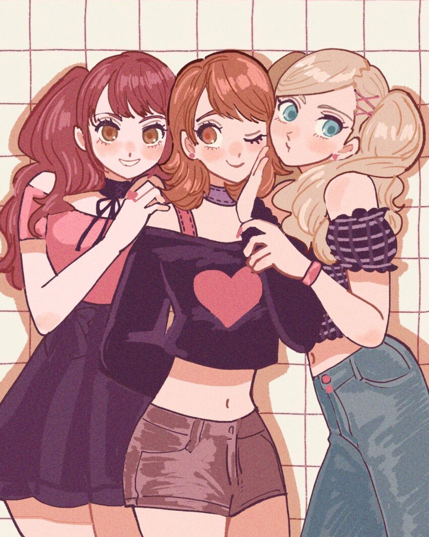 3girls, alternate_costume, arm_behind_back, bare_shoulders, black_choker, black_shirt, black_skirt, blonde_hair
