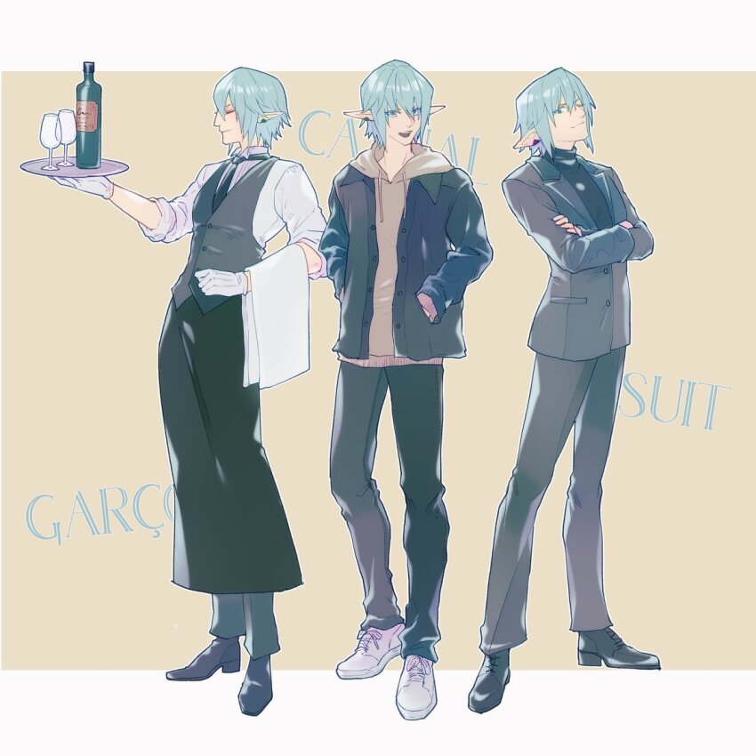 1boy, alternate_costume, black_footwear, black_jacket, black_necktie, black_pants, black_skirt, blue_eyes