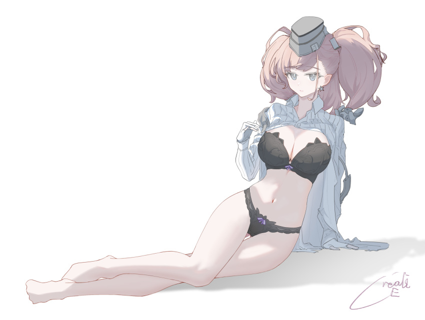 1girl, absurdres, atlanta_(kancolle), black_bra, black_hat, black_panties, bra, breasts, brown_hair, corinalyce1, dress_shirt, earrings, garrison_cap, gloves, grey_eyes, hat, highres, jewelry, kantai_collection, large_breasts, long_hair, long_sleeves, navel, panties, partially_fingerless_gloves, partially_unbuttoned, shirt, single_earring, solo, star_(symbol), star_earrings, two_side_up, underwear, white_gloves, white_shirt