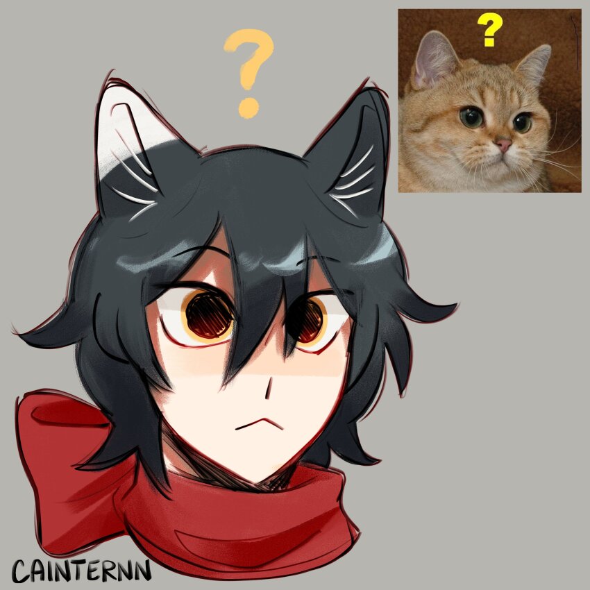 1girl, ?, absurdres, animal_ears, black_hair, cainternn, cat, cat_ears, cat_girl, dilated_pupils, dungeon_meshi, highres, izutsumi, monster_girl, red_scarf, scarf, short_hair, simple_background