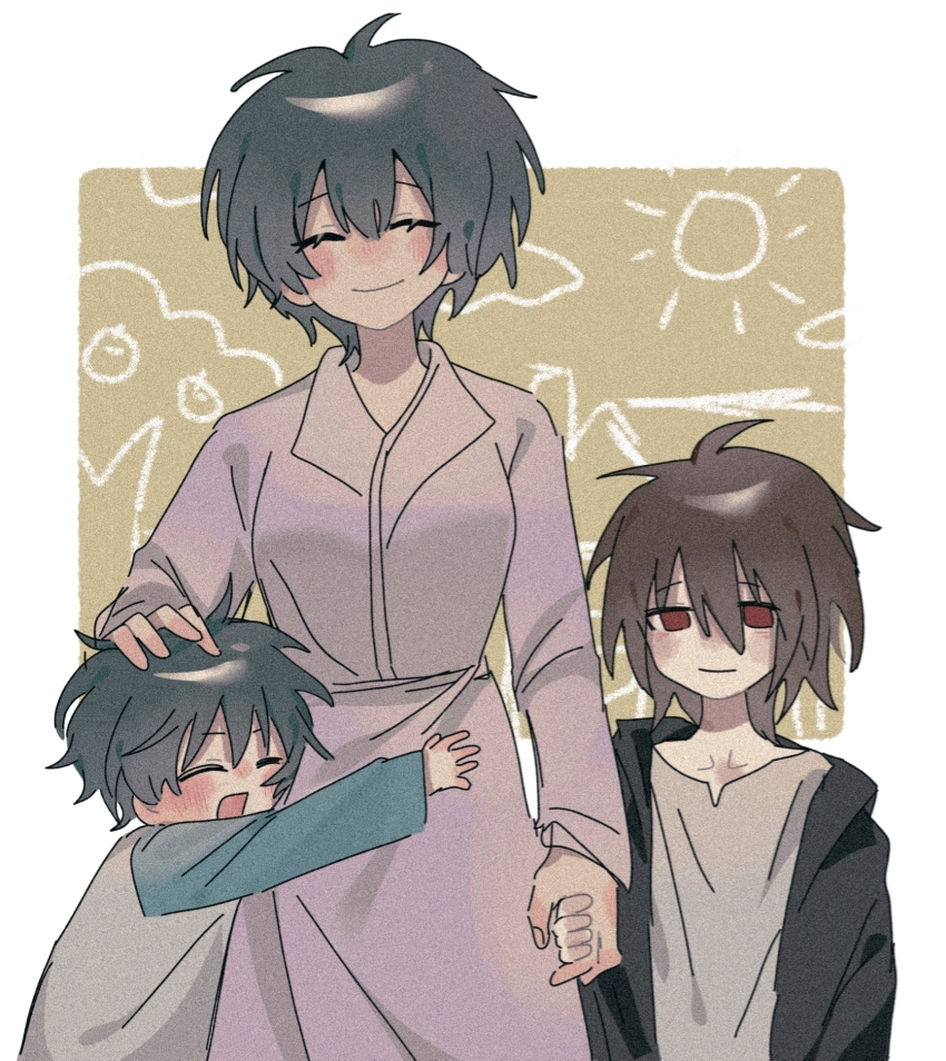 1girl, 2boys, amber-breathe, black_jacket, blue_sleeves, breasts, brown_hair, child