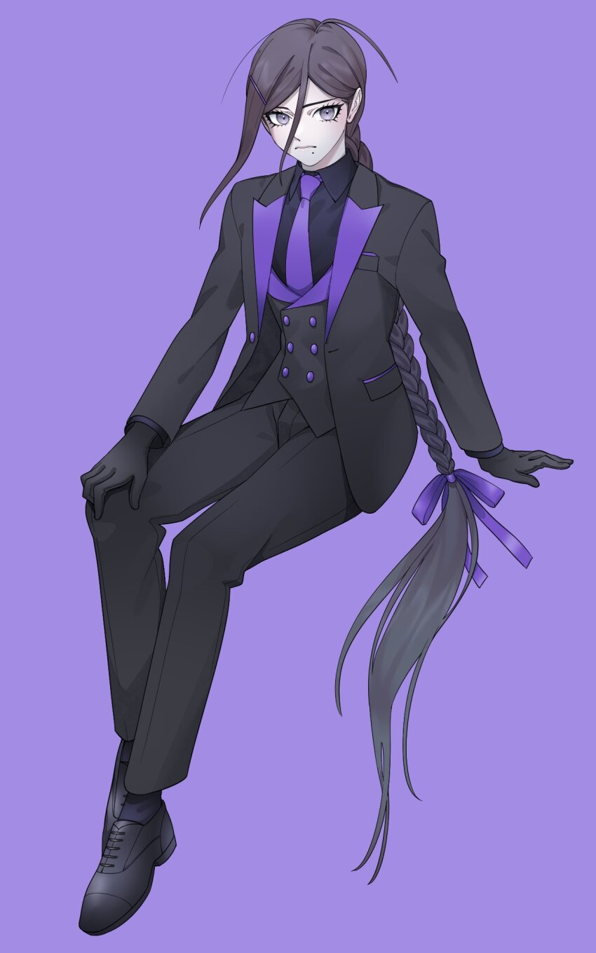 1girl, ahoge, black_gloves, black_hair, black_jacket, black_pants, black_shirt, black_shoes