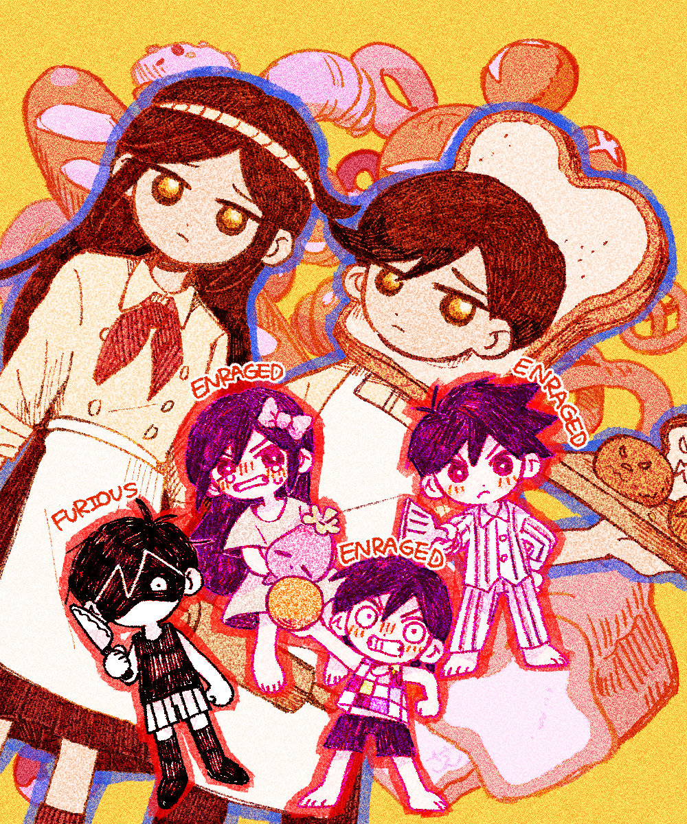 2girls, 4boys, alternate_skin_color, aubrey_(headspace)_(omori), aubrey_(omori), baguette, ball, barefoot