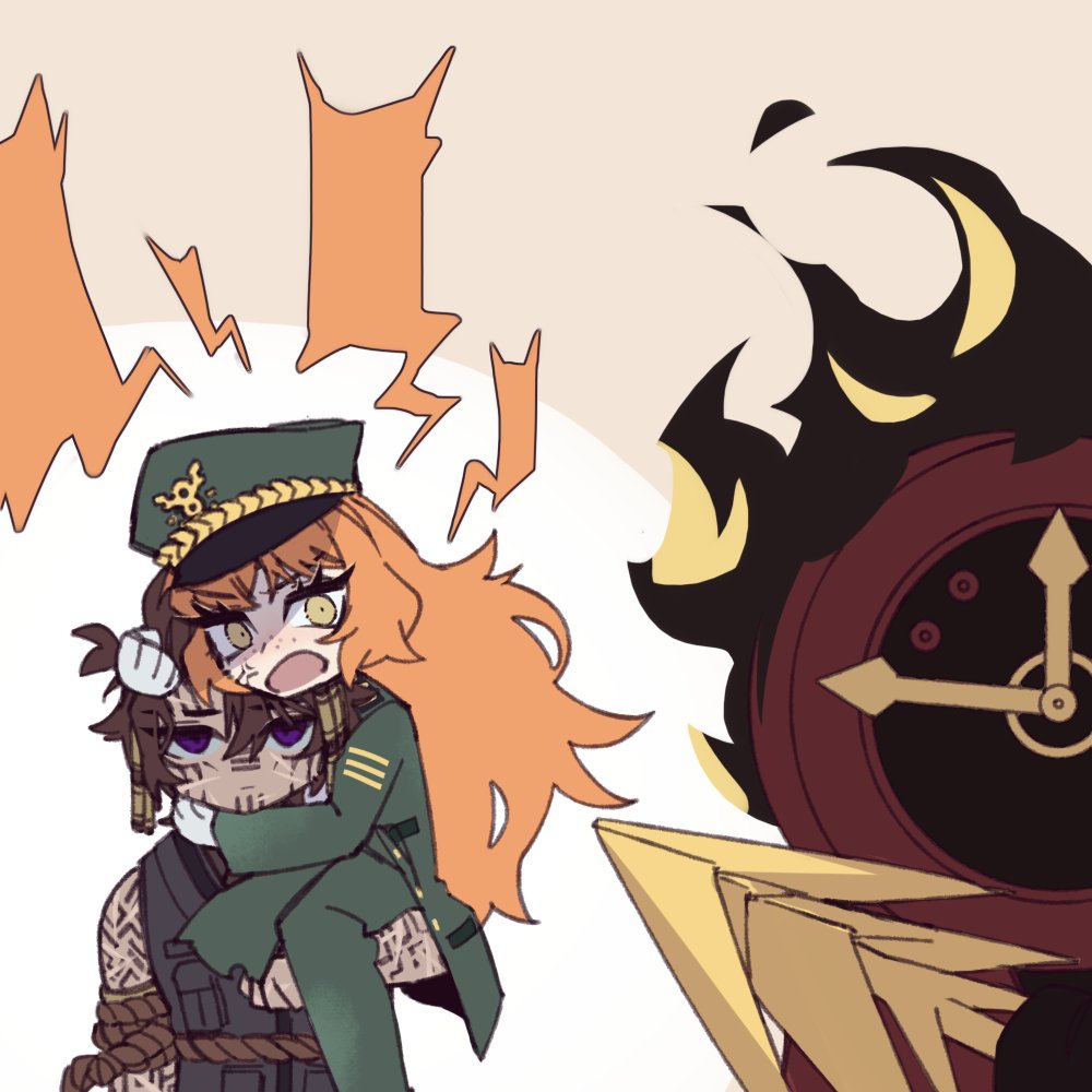 1boy, 1girl, 1other, amputee, angry, black_vest, brown_hair, carrying