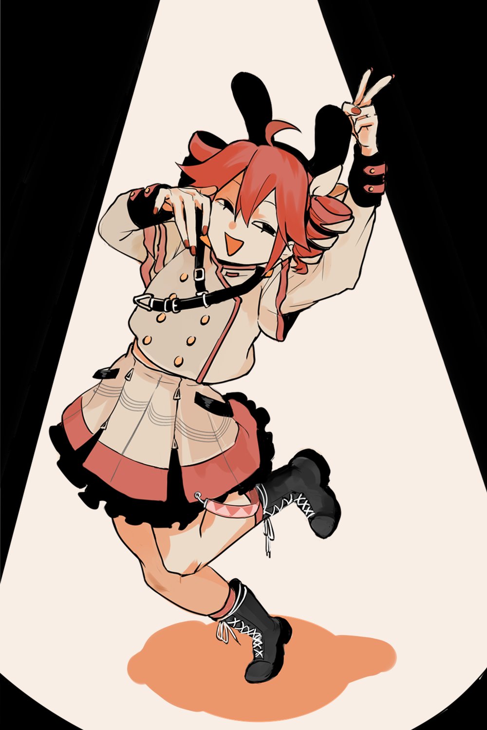 1girl, ahoge, arm_up, black_boots, black_eyes, boots, drill_hair, frilled_skirt