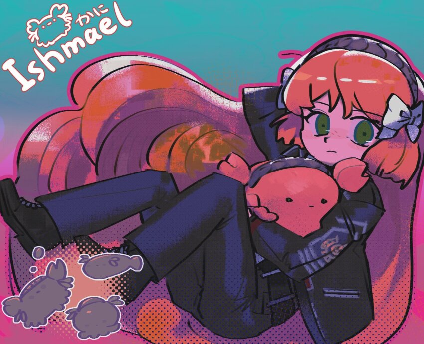 1girl, a800, arm_up, black_jacket, black_pants, black_shoes, blue_background, brown_hairband