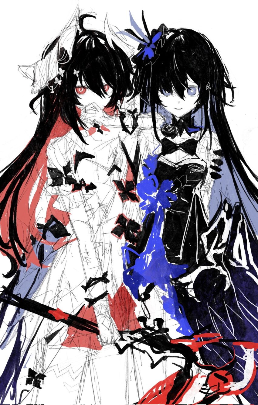 2girls, black_dress, black_hair, blue_eyes, blue_flower, blue_hair, bracelet, colored_inner_hair